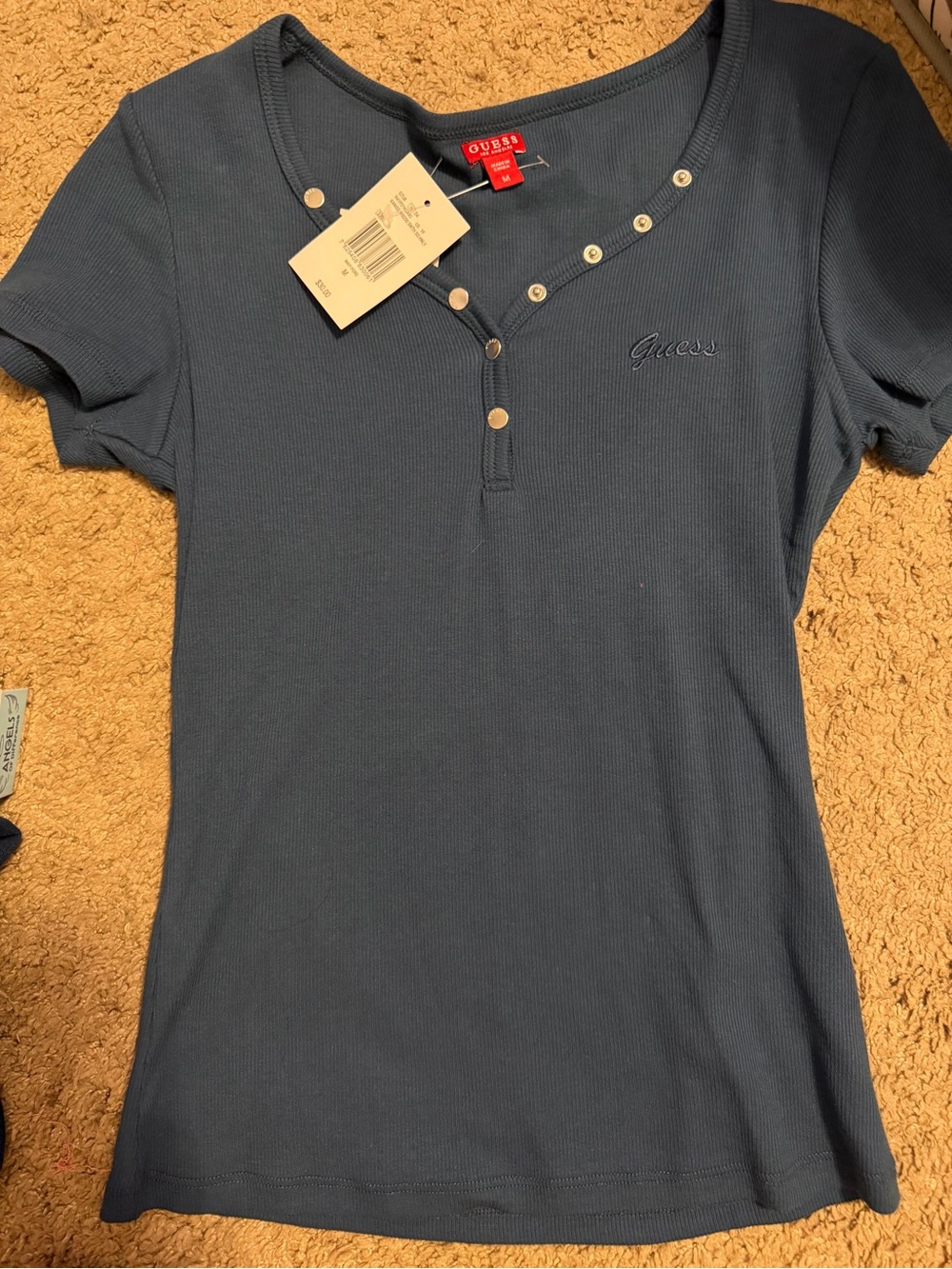 Guess Navy Ribbed Henley with Snap Buttons